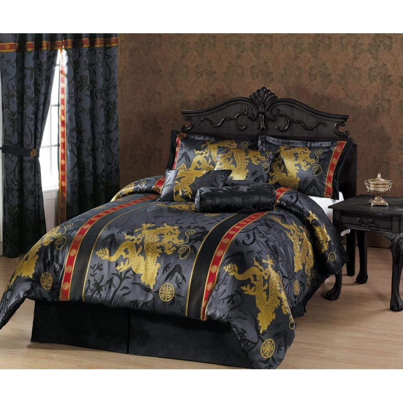 7-Piece Palace Dragon Black Gold Red Jacquard Comforter Set, California King Comforter + 2 King Shams