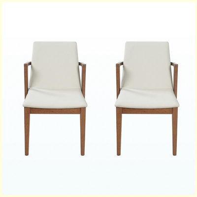Set of 2 Mid-Century Modern Beige PU Upholstered Armchairs with Walnut Wood Frame