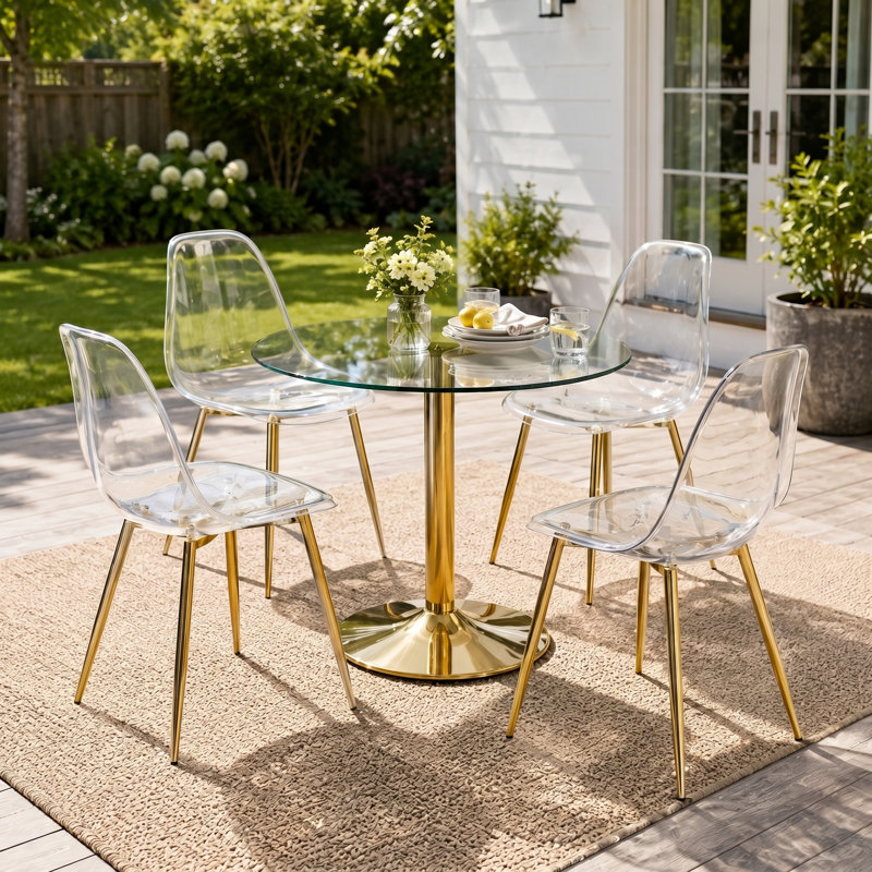 Modern Glam Tempered Glass 5-Piece Dining Set for Small Area, 30" H x 35" W x 35" D, Clear/Gold