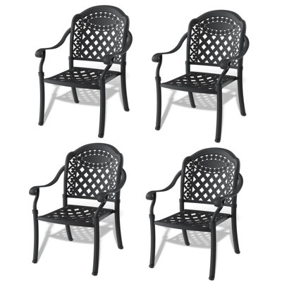 Chaise de patio en fonte d'aluminium 4 pièces avec structure noire et coussins rouges