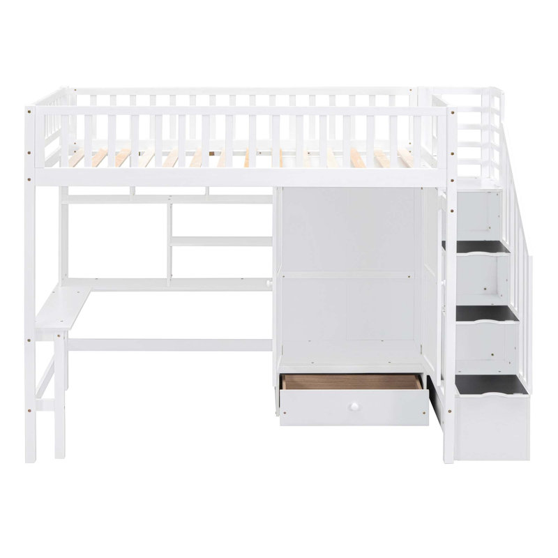 Lit mezzanine avec bibliothèque, tiroirs, bureau et garde-robe, Lit simple, Blanc