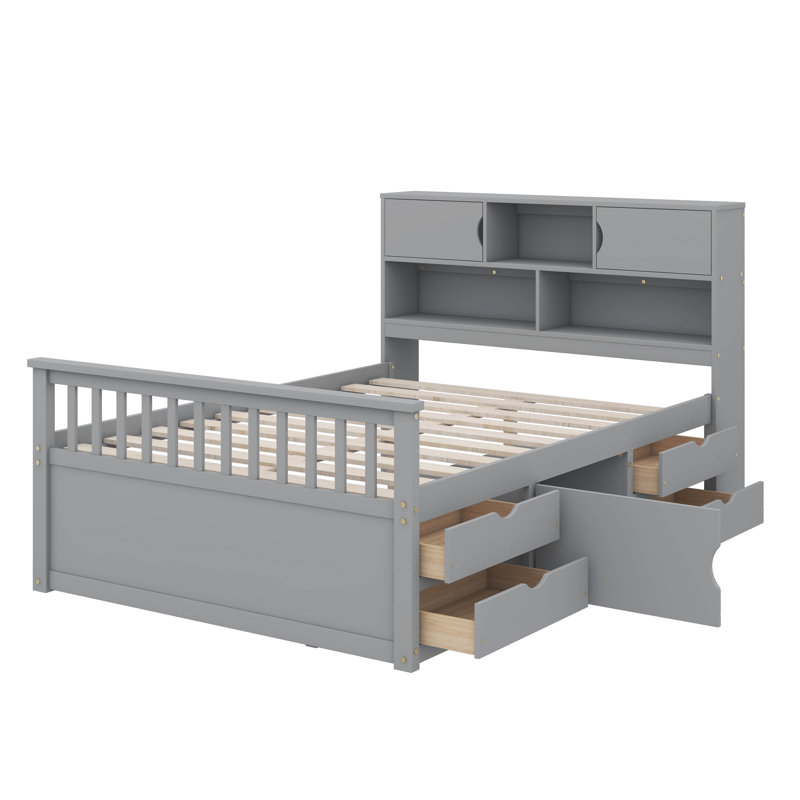 Base de lit plateforme double durable avec tablette intégrée et tiroirs, Gris