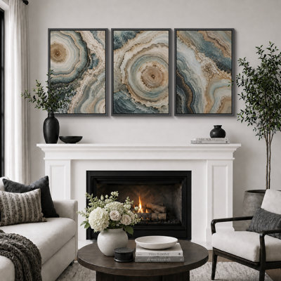 Blue Beige Agate Geode Artwork, Living Room Pictures, Framed Canvas Giclee Print 3 Pieces Wall Art
