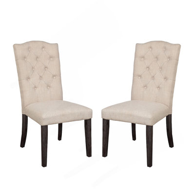 Set Of 2 Linen Upholstered Dining Chairs With Tufted Back, Beige And Weathered Espresso