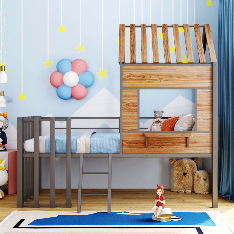 Lit mezzanine simple en métal avec caractéristiques et toit intrigant pour fenêtre