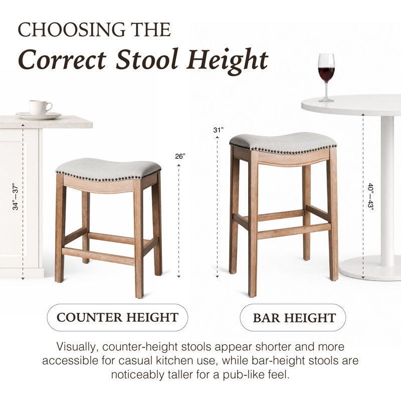 Maven Lane Adrien Backless Saddle Kitchen Stool with Fabric Upholstery, Sand Fabric / Weathered Oak