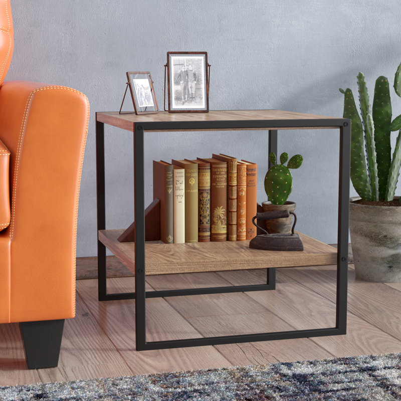 Gateshead Jamestown Square Side End Table with Storage Shelf Rustic Wood Grain and Metal, Ashwood