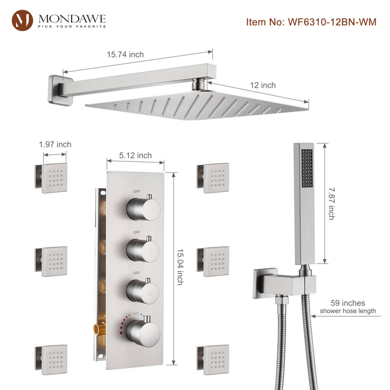 Système de douche mural Herathena 3 fonctions de luxe avec 6 jets de corps (valve brute incluse), Nickel brossé