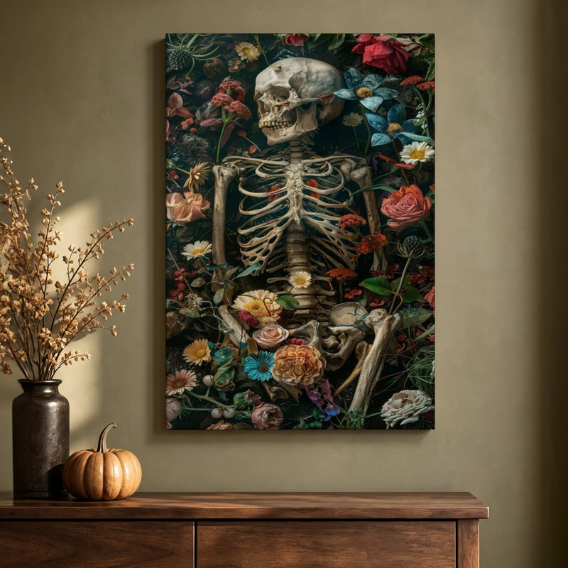 Squelette entouré de fleurs éclatantes, tableau sur toile numérique surréaliste d'Halloween, 61 cm (H) x 91 cm (L), prêt à accrocher
