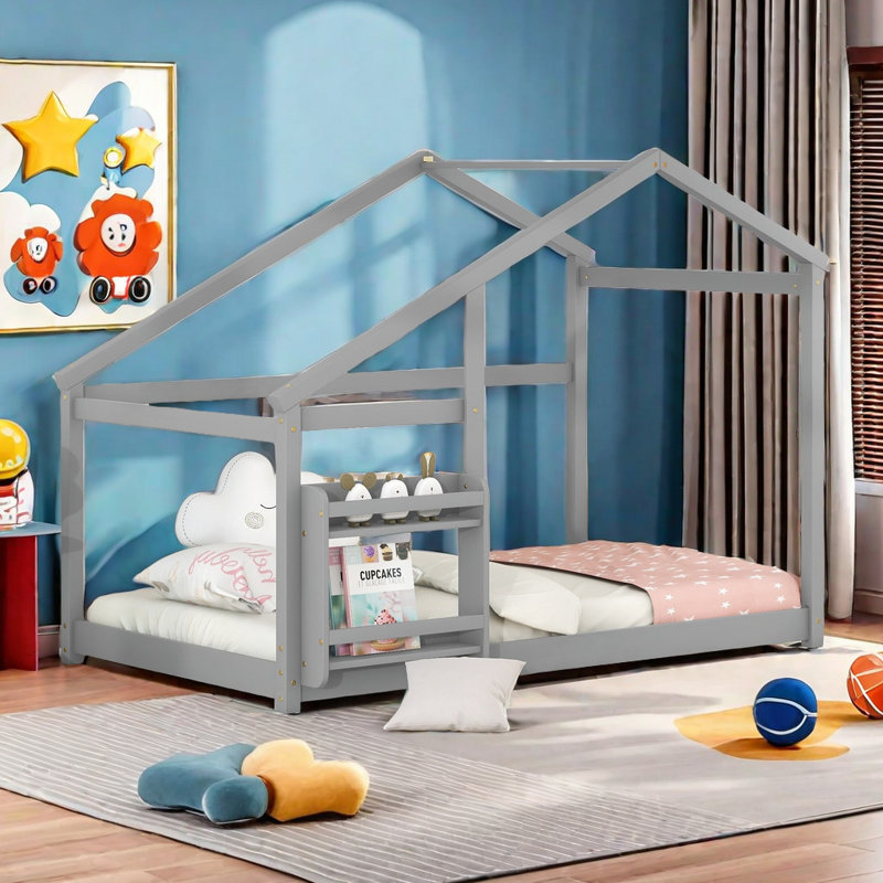 Lit simple en bois, lit simple en bois avec tablette, pas de sommier, Gris