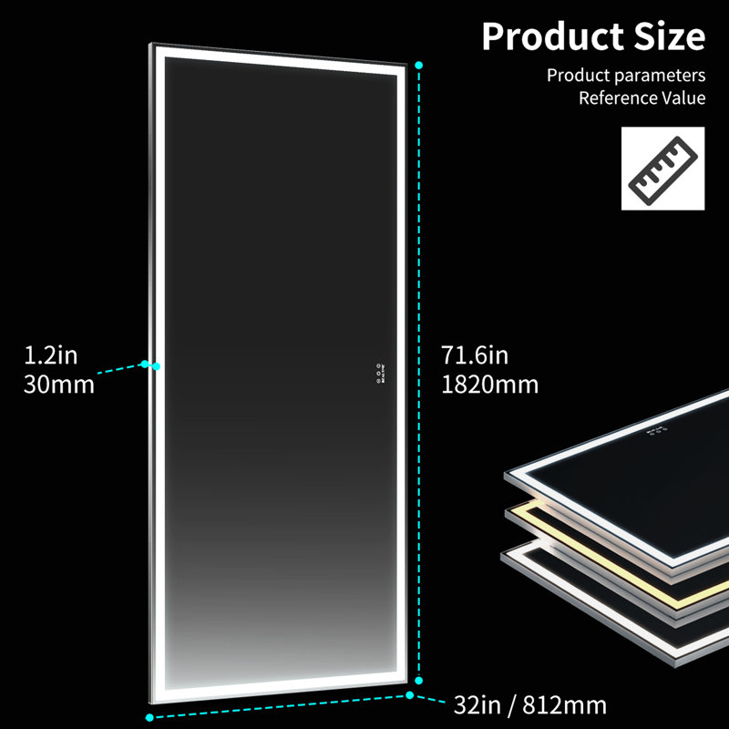 Miroir de salle de bain DEL surdimensionné 72 x 32 pouces, 3 réglages de couleur, cadre en aluminium, fixation murale, étanche, pour chambre à coucher et salon, argenté avec lumières.