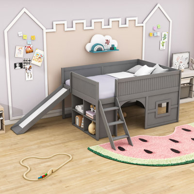 Wood Low Loft Bed with Slide and Storage Shelves