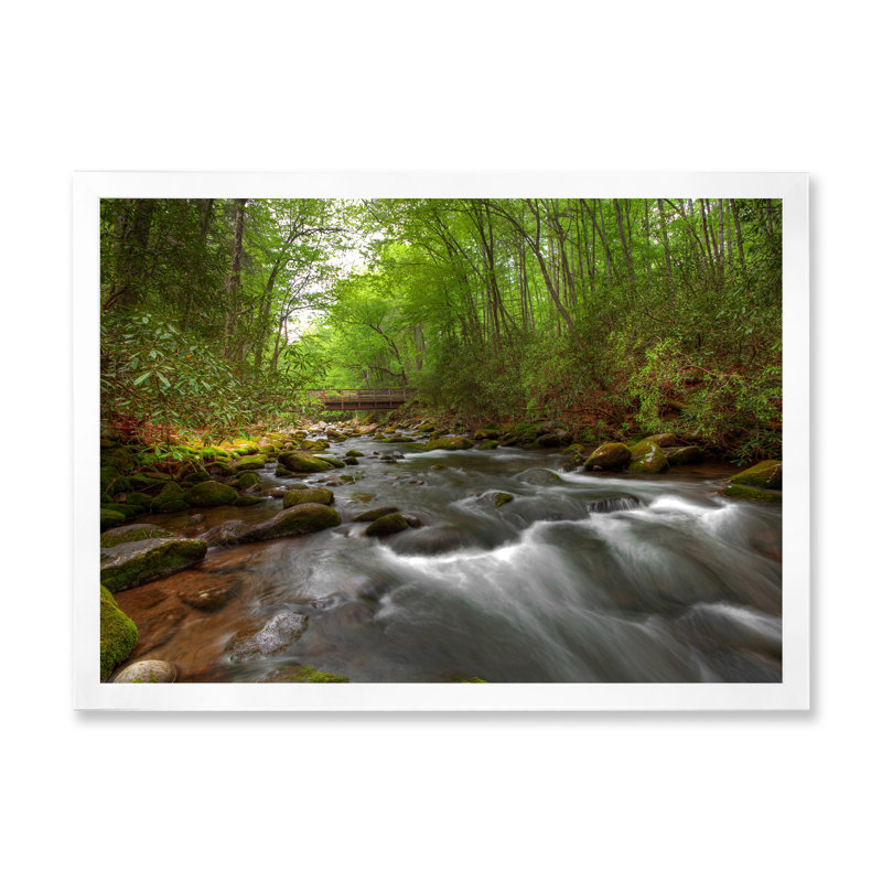 Rivière en vert forêt d'été - décoration murale traditionnelle sur toile, H 30 po x l 40 po x P 1,5 po, Cadre photo blanc
