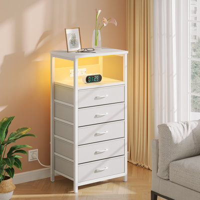 Nightstand with Charging Station, Bedside Table with LED Lights, Storage End Table for Living Room