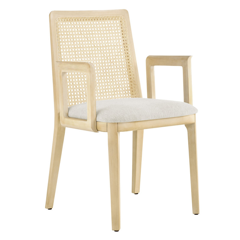 Antique White Rattan and Cane Arm Chair with Padded Seat