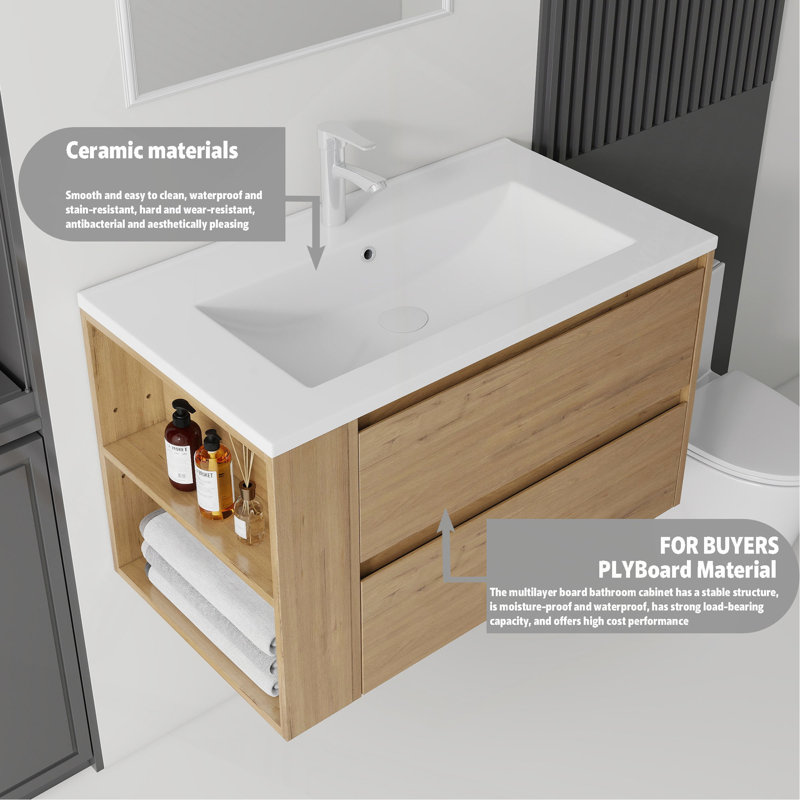 Meuble-lavabo suspendu de 91 cm (36 pouces) avec lavabo, tiroir à fermeture douce, lavabo en céramique et contreplaqué., 36"