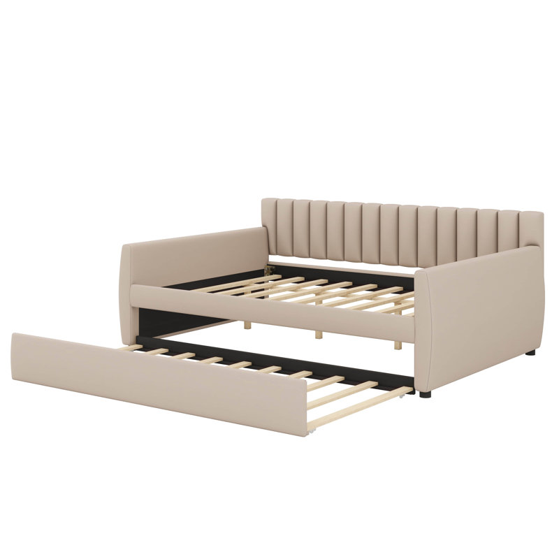 Lit de jour double rembourré en tissu avec couchette coulissante intégrée, Beige