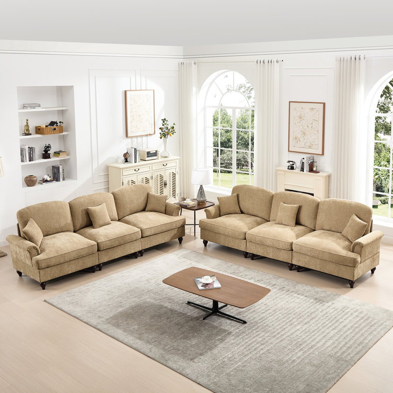 Canapé modulaire en chenille de café à 3 places avec accoudoirs évasés Soft And Smooth, Light Coffee