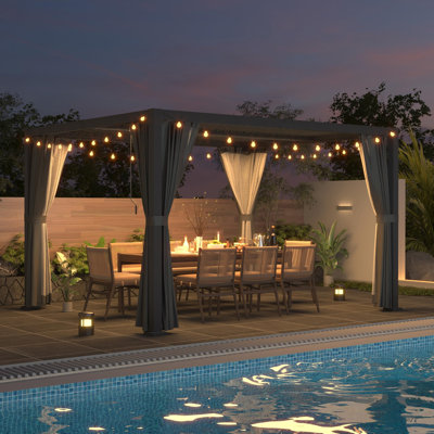 10' x 12' Modern Aluminum Louvered Pergola with Adjustable Roof and Privacy Curtains for Outdoor Patio