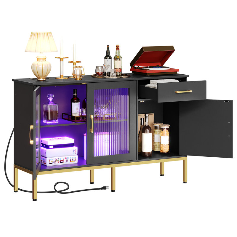 Buffet Cabinet with Charging Station, 47.2" Kitchen Sideboard Storage Cabinet & LED Light