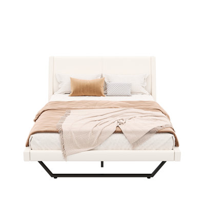 Queen Size Upholstered Bed Frame, White Pu Leather Platform With Streamlined Upward Curved Bottom, Legs For Design And Stability, No Box Spring, Material, Quiet Assembly, 89.77 In Depth, 65.23 Width,