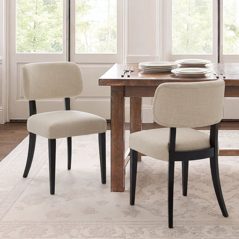 Ensemble de 2 chaises de salle à manger rembourrées, de chaises d'appoint en lin sans accoudoirs, de chaises de salle à manger à pieds en bois noir courbé de style Mid-Century pour petits espaces