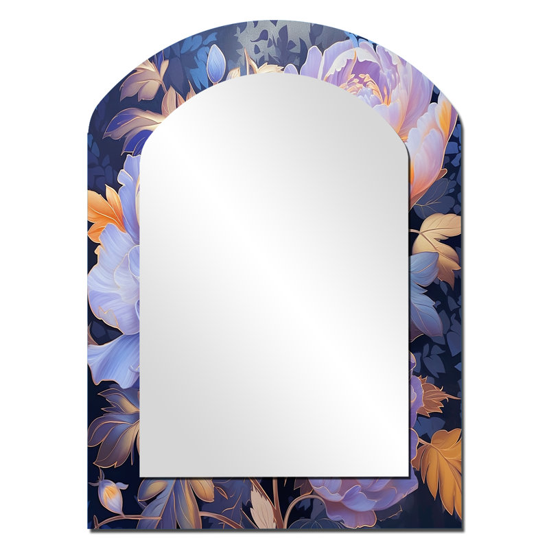 Fleurs de pivoines rétro bleues et bleues - grand miroir arche de coquelicots, décor de miroir mural asymétrique traditionnel, art en métal imprimé
