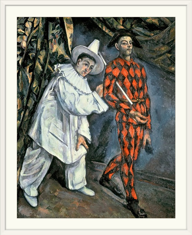 «Pierrot and Harlequin (Mardi Gras), 1888» par Paul Cezanne - reproduction, H 28 po x l 24 po x P 1 po, Cadre blanc