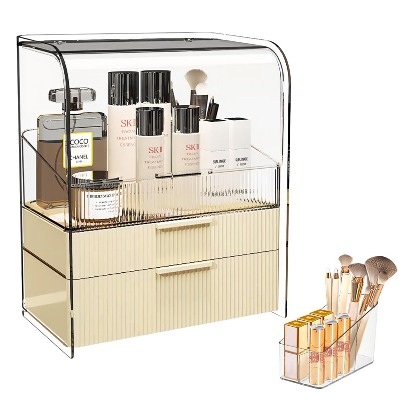 Cover Dustproof Three Layers Storage Box,Makeup Brush Holder,Large Capacity Desktop Storage Box With Drawer