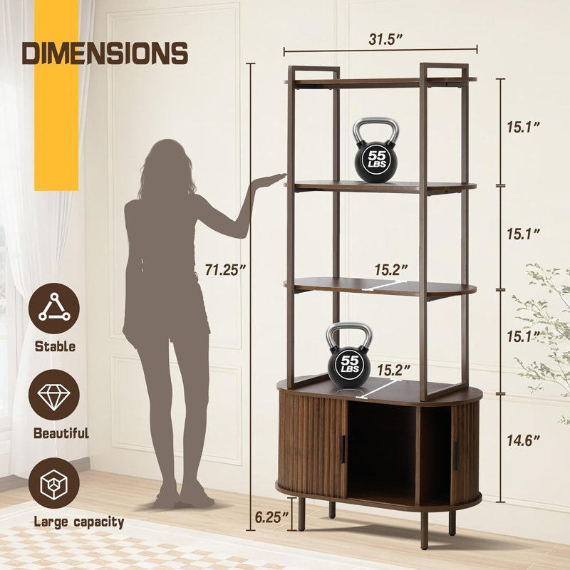 71" Tall Fluted Bookshelf With Sliding Tambour Doors, 4-Tier Book Shelf With Open Display Shelves And Adjustable Footpad, Modern Bookcase With Storage Cabinet For Living Room, Bedroom