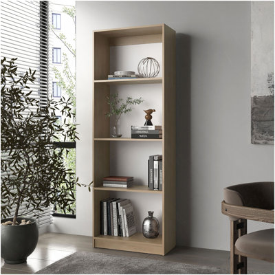 Bibliothèque plate Bear avec rangement ouvert et 4 tablettes, chêne naturel et blanc