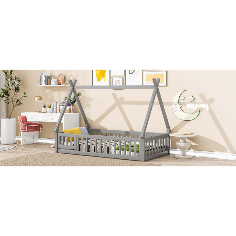 Lit simple en forme de tente avec garde-corps, lattes, porte, gris, Gris, Lit simple