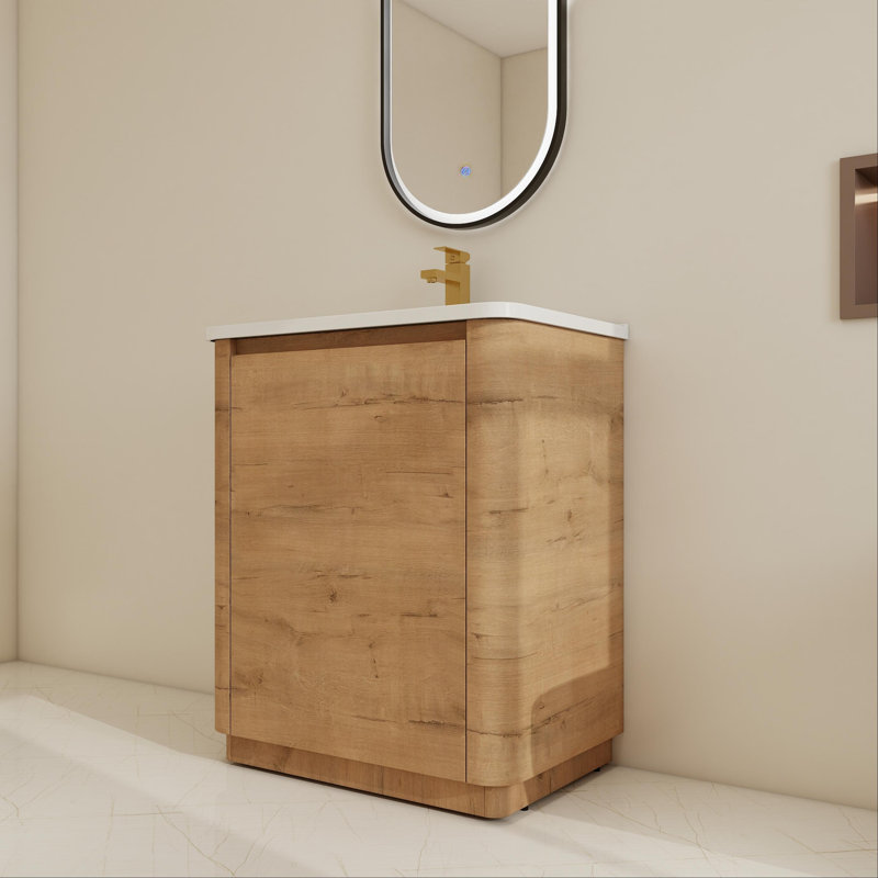 Free-Standing Single Bathroom Vanity Set With Ceramic Sink And Adjustable Shelf, Brun, 28"