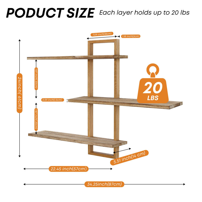3 Piece Wood Bracket Shelf, Natural Wood