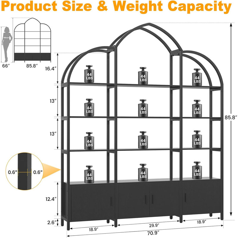 Arched Bookshelves and Bookcases: Triple Wide 5-Tier Large Open Bookshelf, Black