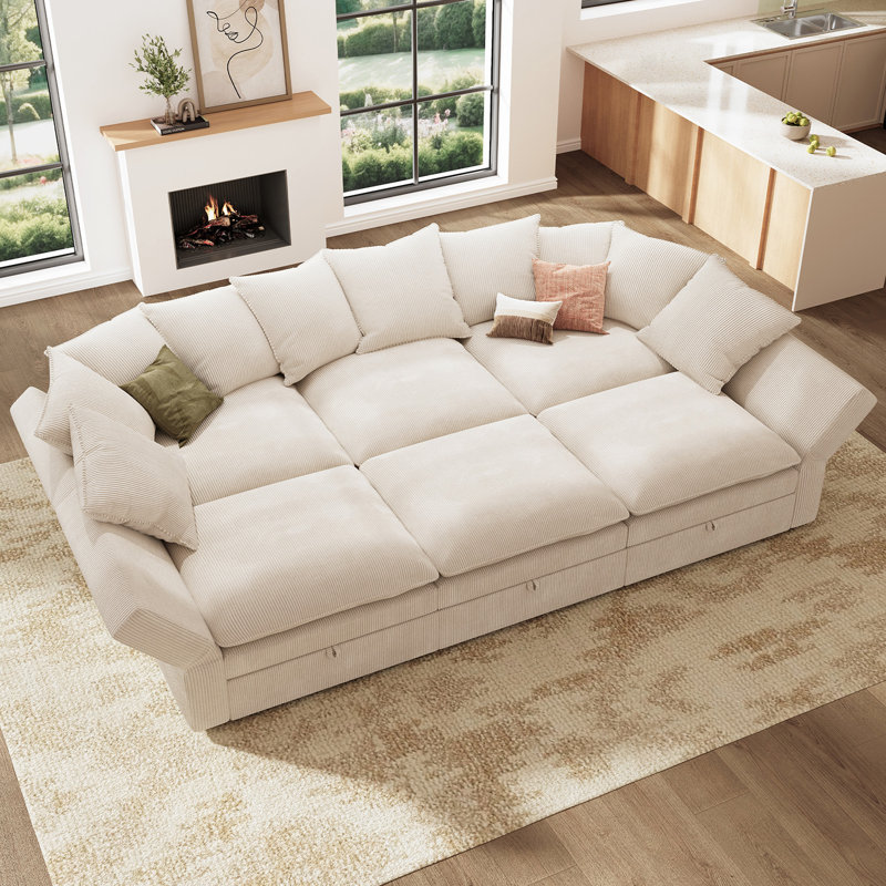 Wynter Modular Storage Sleeper Cloud Sofa Upholstered Corduroy Sectional Couch, Beige Corduroy 