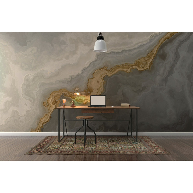 Papier peint marbre gris avec veines dorées abstraites, L 75 po x l 112 po