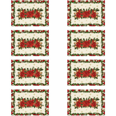 Christmas Poinsettias Leaves Bells Snowflakes Winter Xmas Placemats Set Of 8 Table Mats For Party Home Kitchen Dining Table Decorations