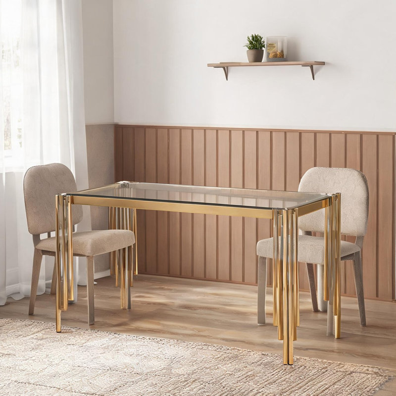Tempered Glass Dining Table with Stainless Steel Legs, 65-Inch Rectangular Design