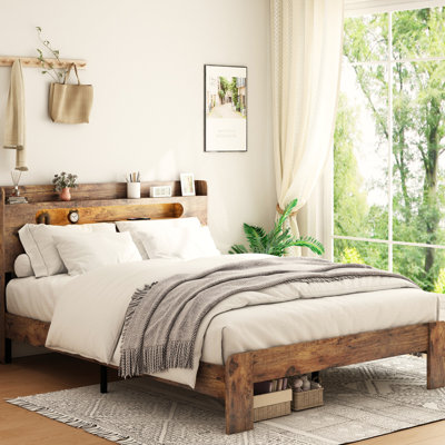 Dark Brown King Size Wood Bed Frame With Led Storage Headboard, 2 , Noise , No Box Spring, Simple Assembly, Ample Under Space Headboard And Sparkle, Quiet Operation, Easy Area
