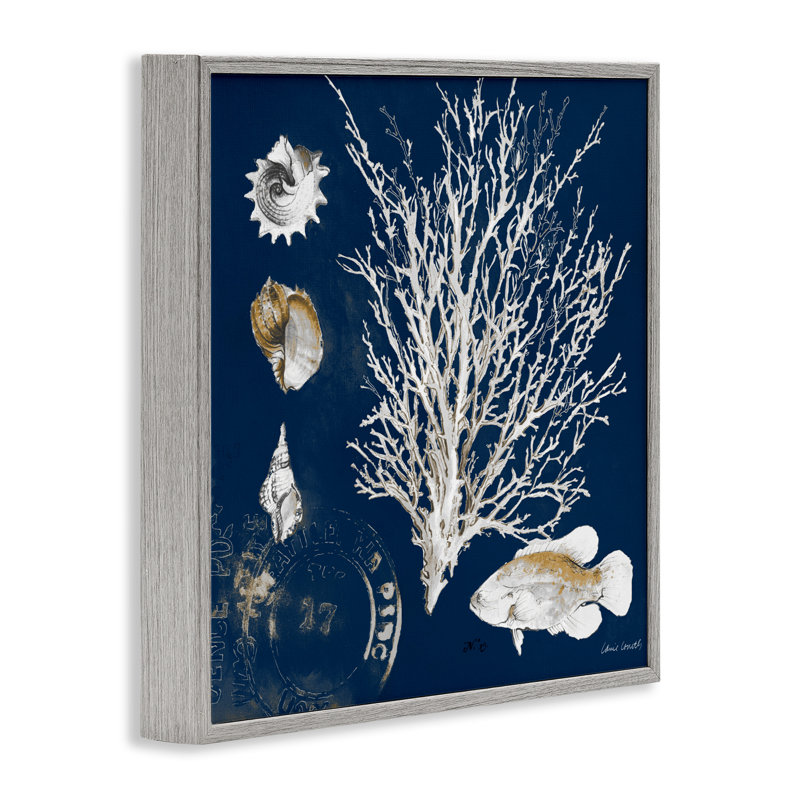 Coral Medley on Navy Framed Giclee, design by Lanie Loreth, 17" H x 17" W, Farmhouse Gray Framed Giclee