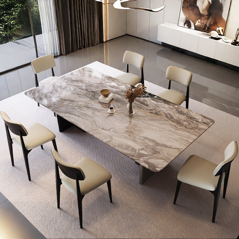 Simple Rectangular Natural Marble Dining Table Set, 29.5"H x 63"L x 31.5"W