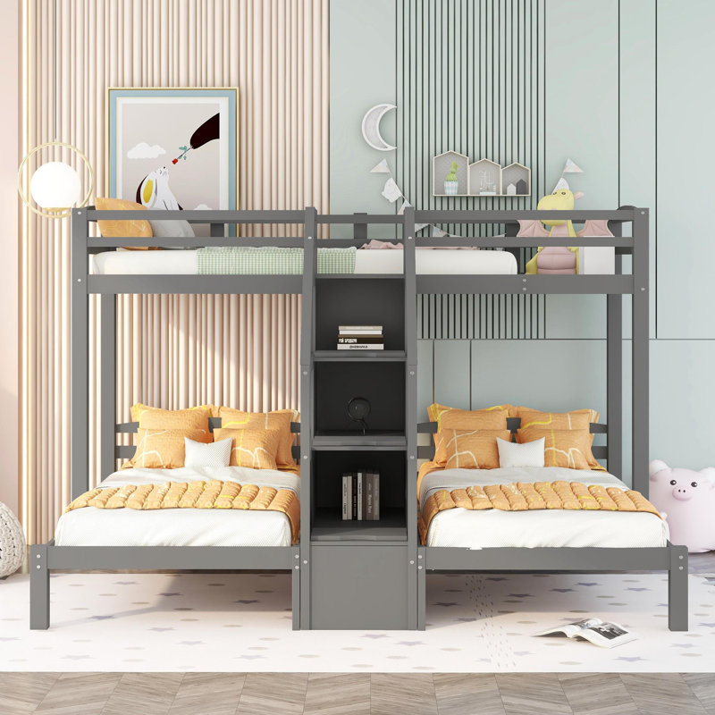  Twin over Twin Bunk Bed with Built-In Staircase and Storage Drawer, Space-Saving Loft Design, Gray