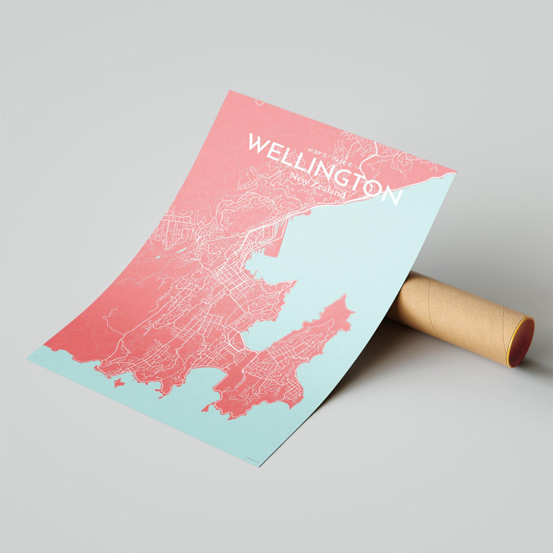 Wellington, carte de la ville, impression, H 17 po x l 11 po, Rose / bleu bébé