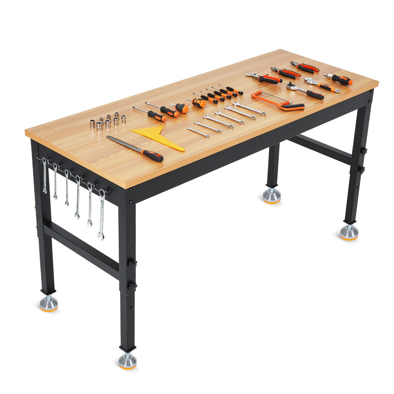 Établi à hauteur réglable de 48 po avec prises intégrées et plateau en bois d'hévéa robuste, banc de travail d'une capacité de 2 500 lb, table de travail de garage pour atelier, atelier de réparation, maison, bureau