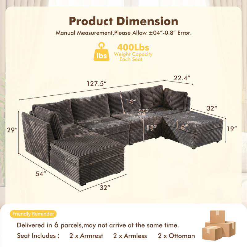 Cloudelle 6 - Piece Polyester Fabric Sectional, Gray Corduroy