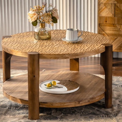 2 tables basses rondes avec structure en bois massif, Aura élégante du milieu du siècle, plan de la fonction de rangement, installation rapide dans le noyau du salon, plan d'aménagement, séduction, pour et compact