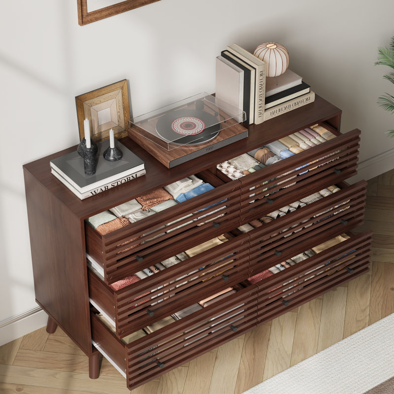 6 Drawers Dresser For Bedroom, 47'' Wide Mid Century Modern Fluted Dresser, Wood Chest Of Drawers Organizer For Bedroom, Living Room, Hallway, Closet, Walnut