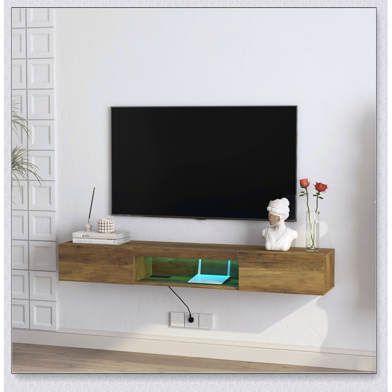 Meuble télé flottant, meuble télé mural avec lumières DEL et prise de courant, meuble télé flottant mural 65 po avec 16 couleurs DEL