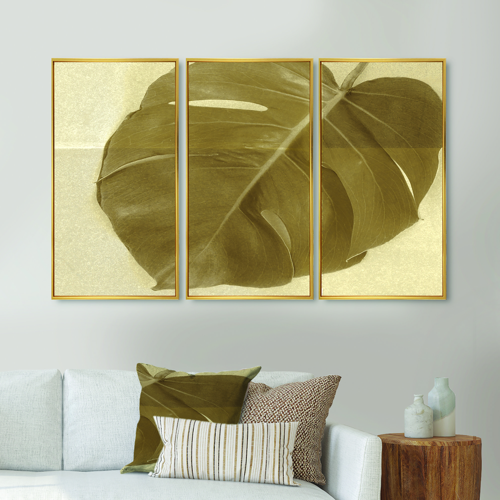 Design Art Botanical Beige Retro Leaf - Traditional Framed Canvas Wall ...